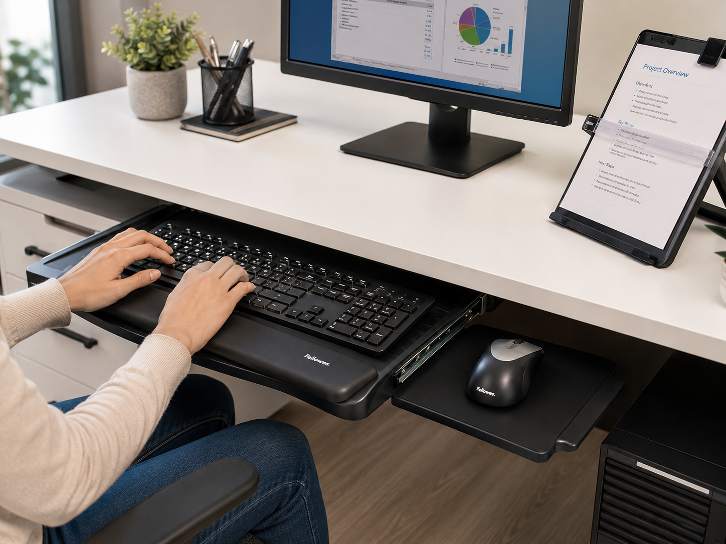 Keyboard platform and mouse tray in use at a bright modern office workstation with monitor and document holder.