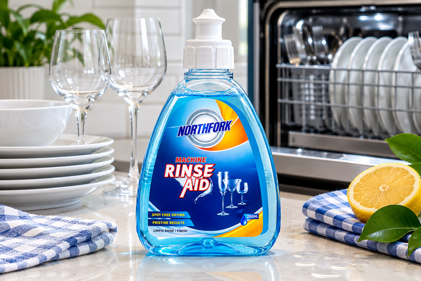 Dishwasher rinse aid bottle on a bright kitchen bench with clean glassware, plates and an open dishwasher.