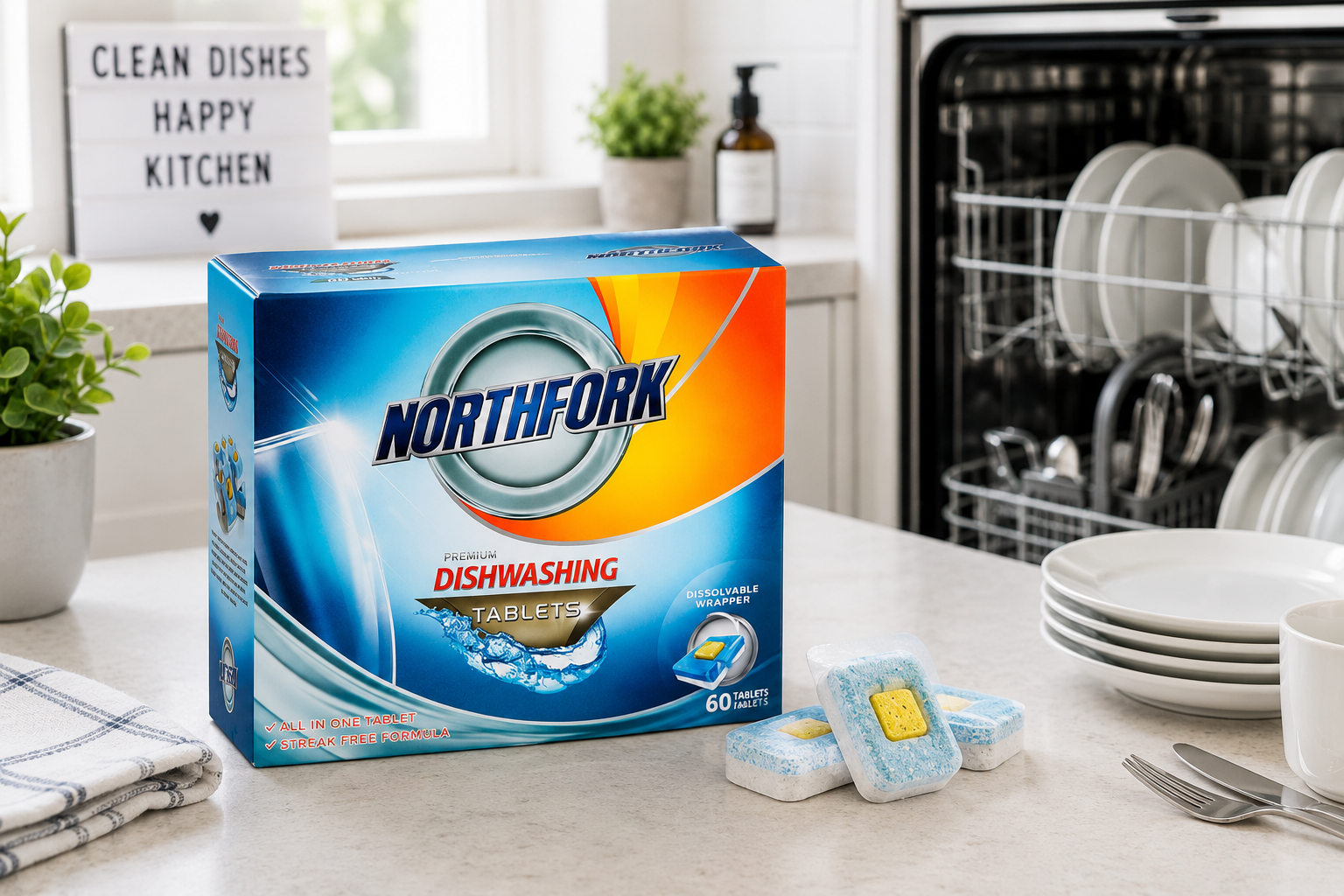 Dishwasher tablets on a bright kitchen counter beside an open dishwasher with plates, cutlery and clean dishwashing accessories.