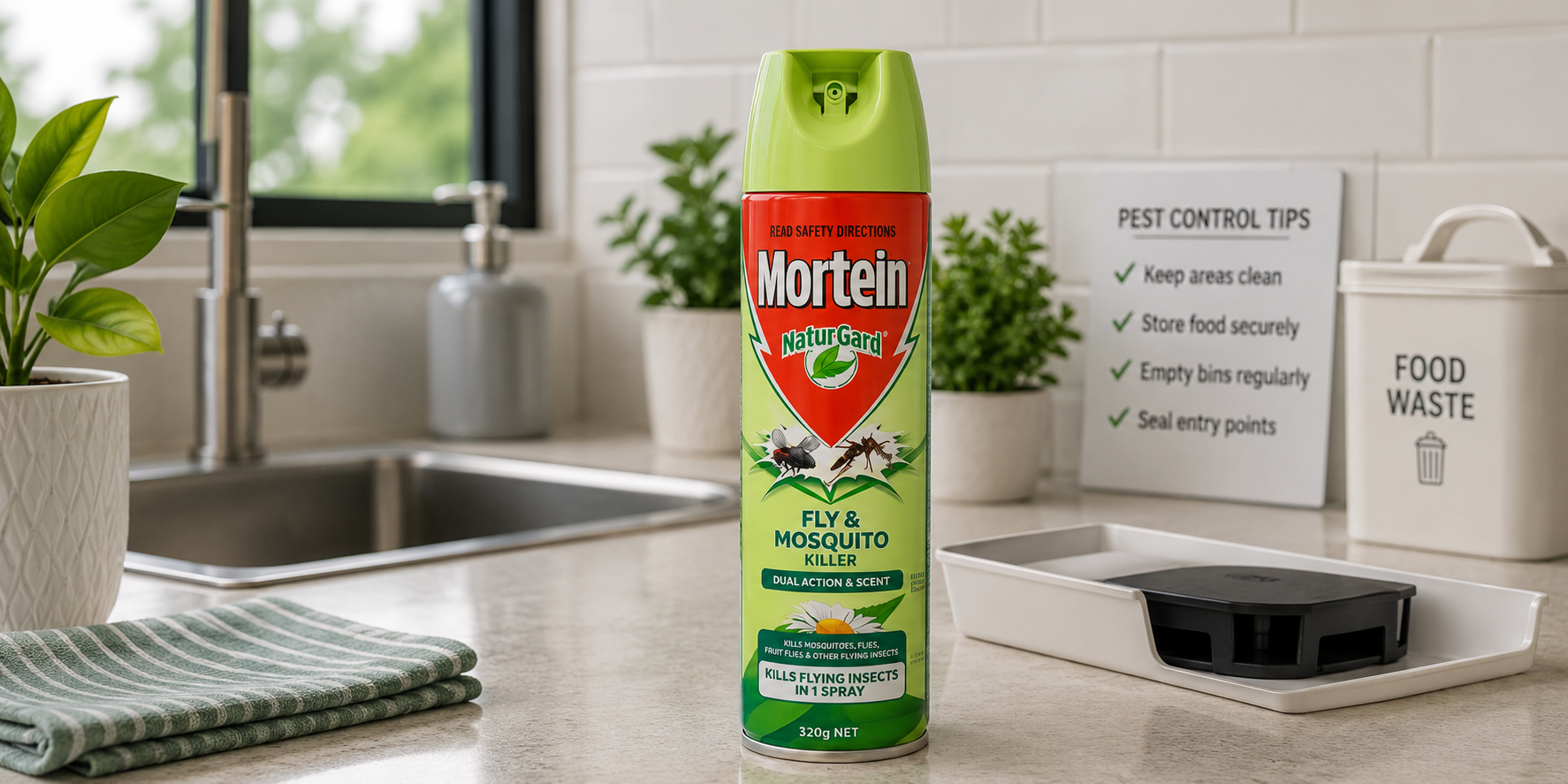 Insect control spray on a clean kitchen bench with pest management accessories, plants and a sink in the background.