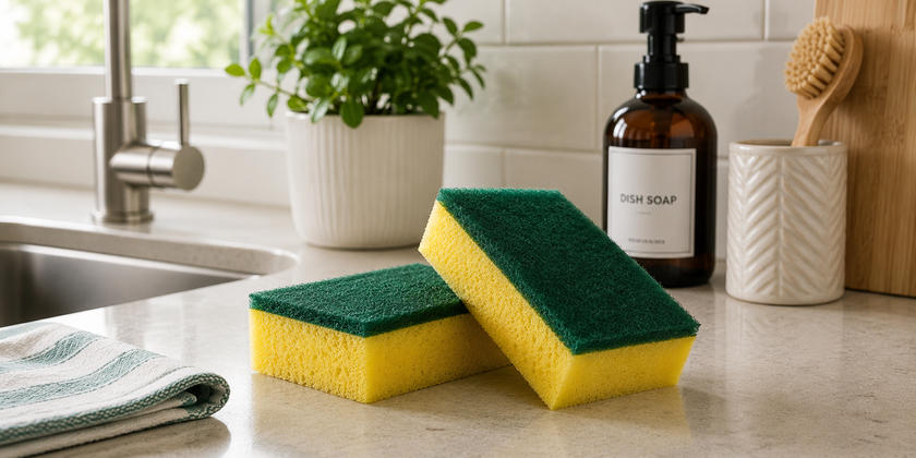 Cleaning sponges and scourers arranged on a modern kitchen bench with cleaning supplies and a sink in the background.