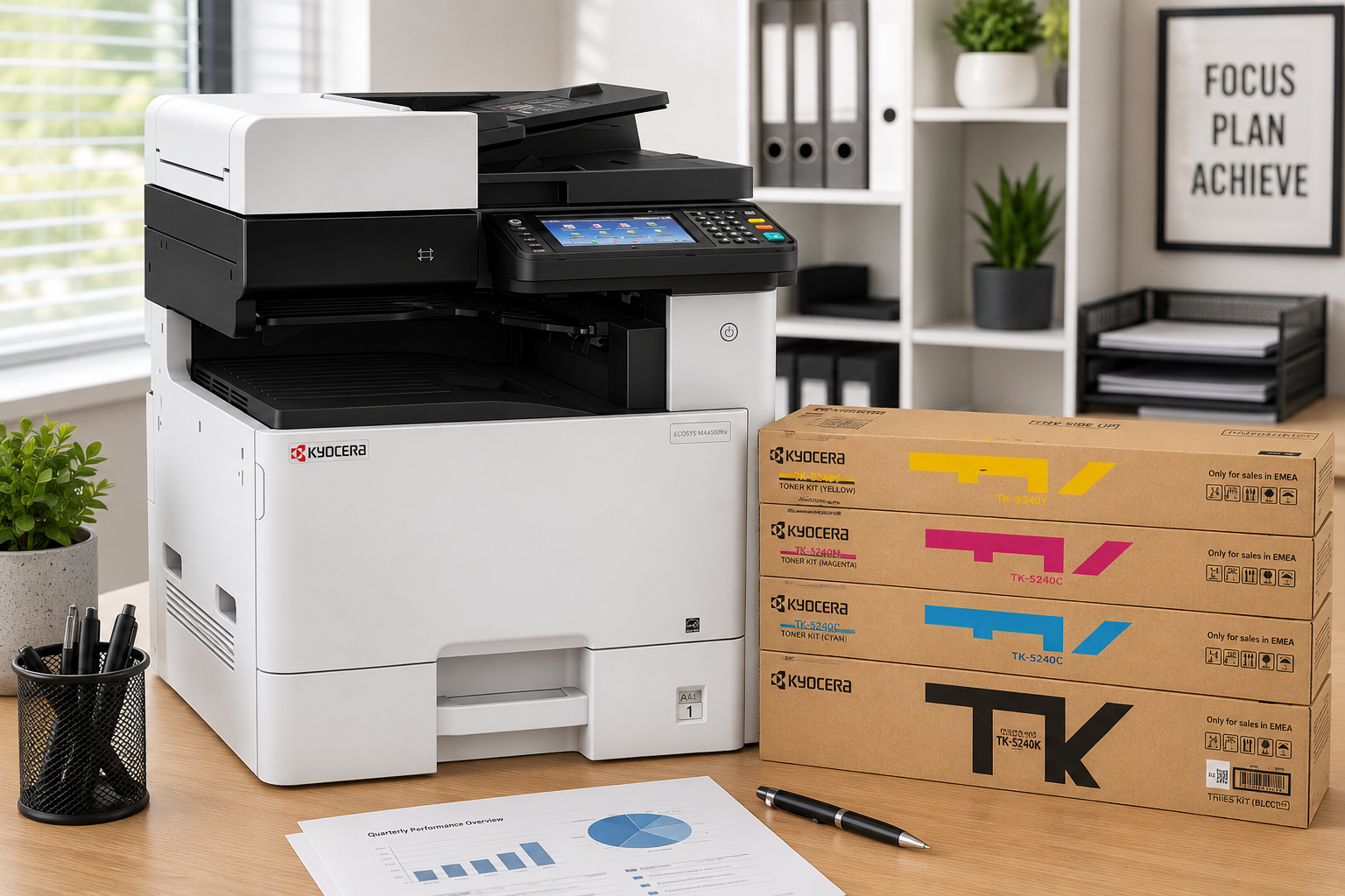 Kyocera toner cartridges stacked beside a multifunction printer in a bright modern office workspace for dependable workplace printing.