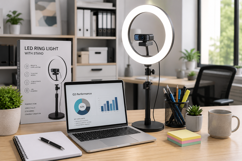 Office lighting supplies arranged in a bright workspace with LED ring light, laptop, desk stationery and video call setup.