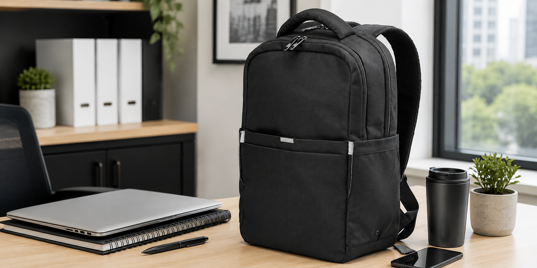 Professional black laptop backpack on a modern office desk with a laptop, notebook, pen and travel mug for work, study and business travel.