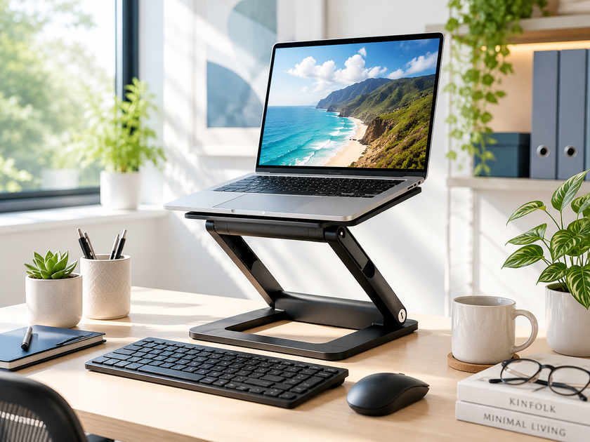 Laptop riser raising a laptop on a bright modern desk with keyboard, mouse, plants and workspace accessories.