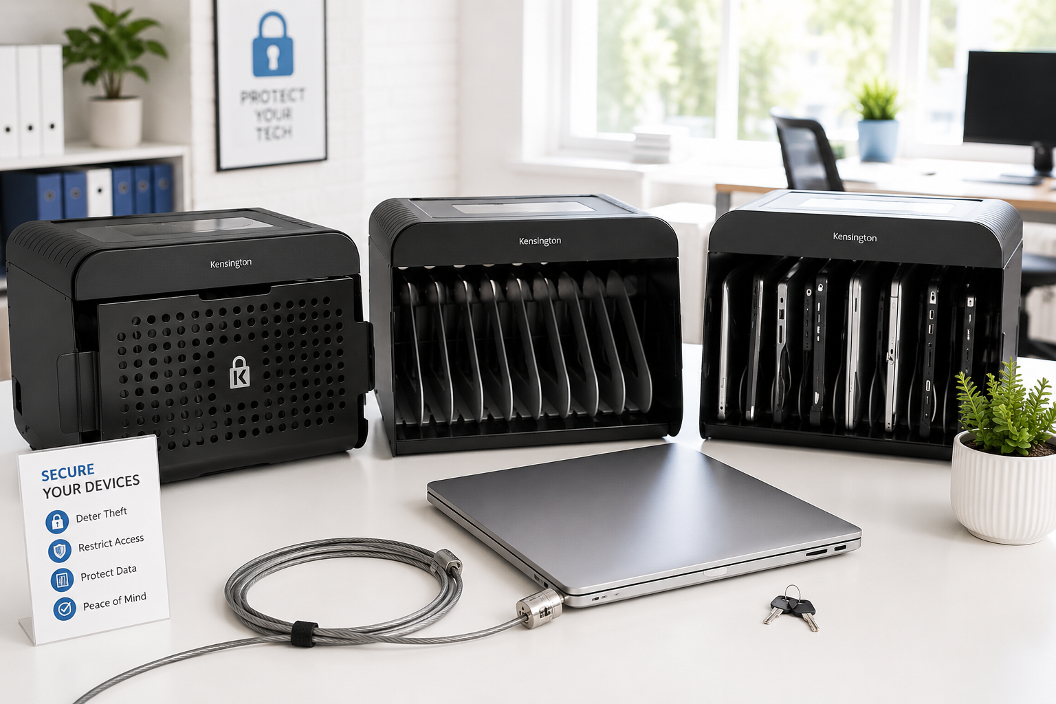 Computer security accessory with lock cable securing a laptop on a bright modern office desk.