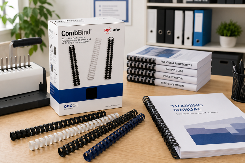 Large plastic binding combs arranged beside a comb binding machine and finished manuals in a professional office print room.