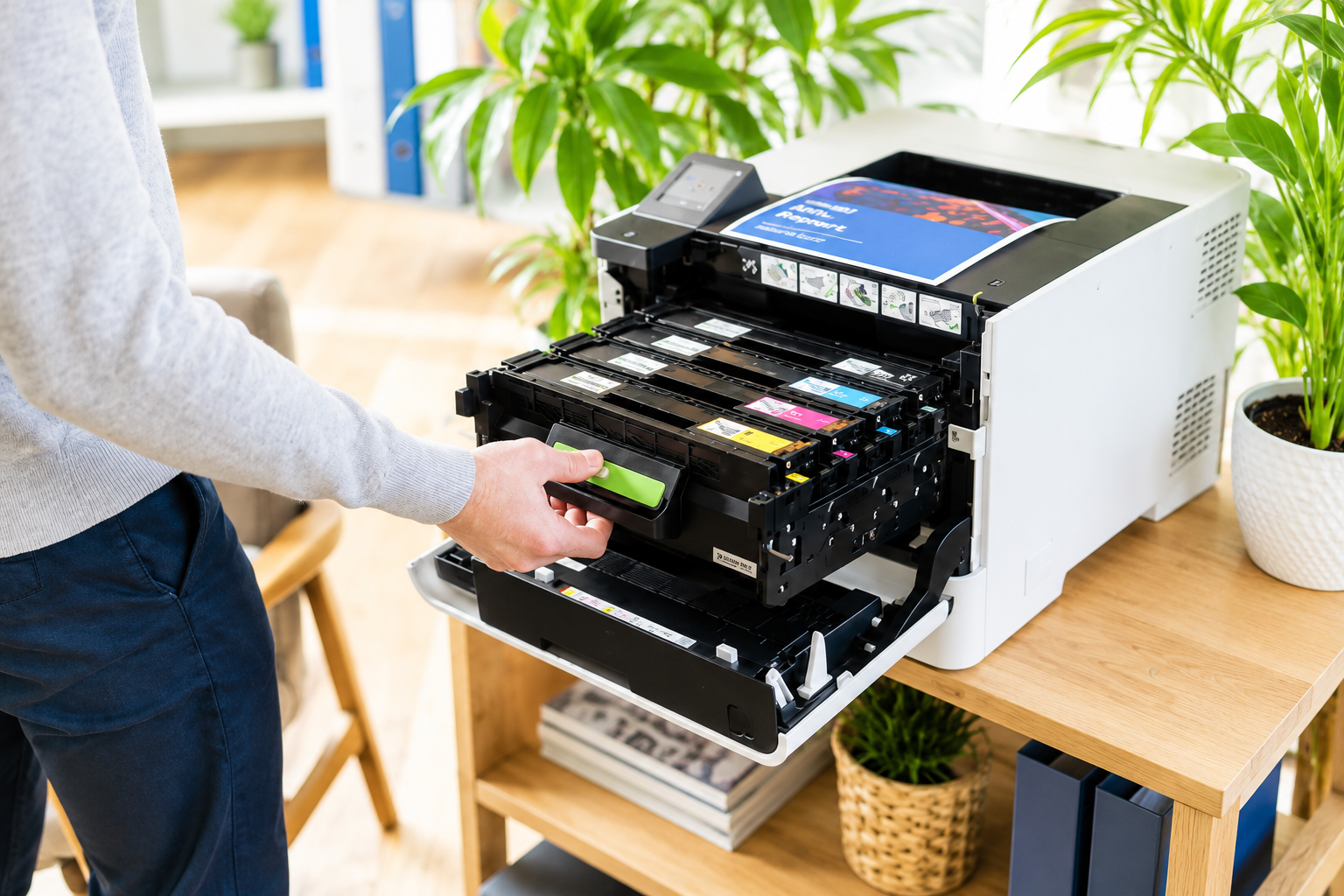 Toner cartridge being replaced in a colour laser printer within a bright modern office workspace.