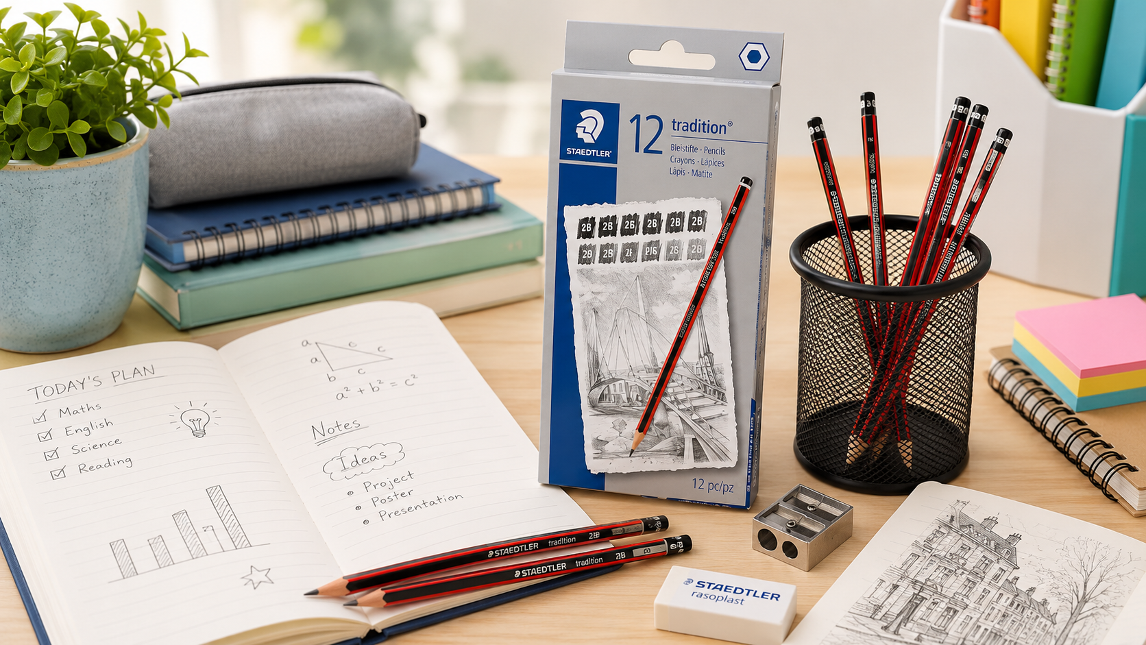 Lead pencils arranged on a bright study desk with notebooks, sketches, stationery and a Staedtler pencil pack for everyday schoolwork.