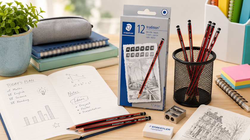 Lead pencils arranged on a bright study desk with notebooks, sketches, stationery and a Staedtler pencil pack for everyday schoolwork.