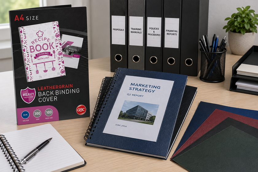 Leather-grain binding covers arranged on a professional office desk with bound reports, presentation documents and filing supplies.