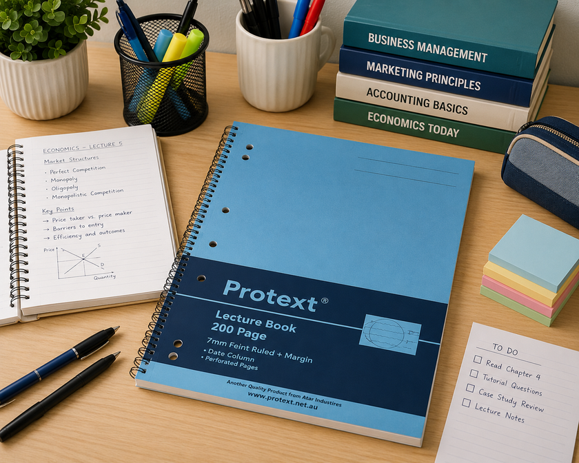 Lecture book arranged on a clean study desk with handwritten notes, pens, sticky notes and textbooks for organised course notes and learning.