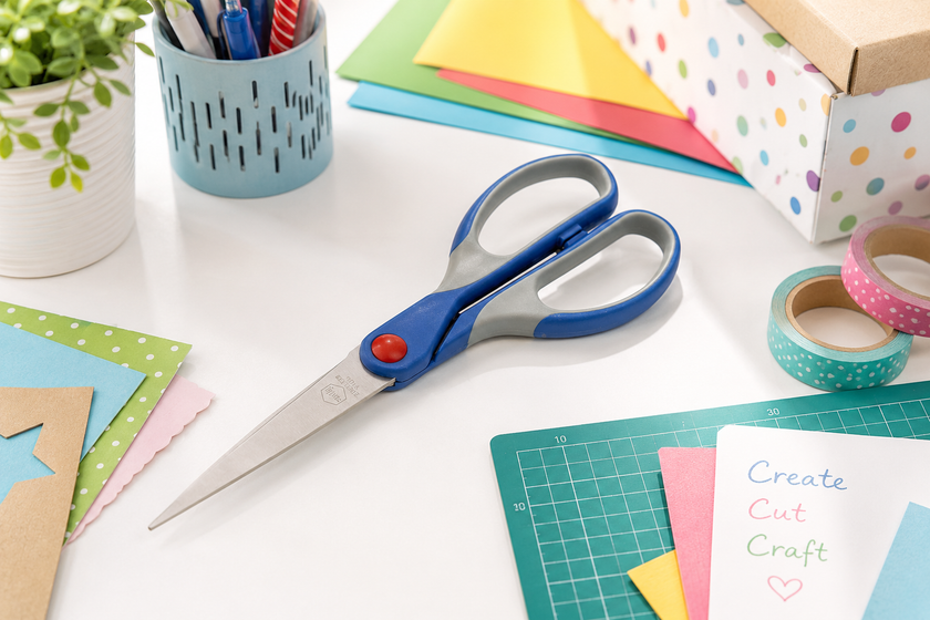 Left-handed craft scissors on a bright workspace with coloured paper, cutting mat and craft supplies.
