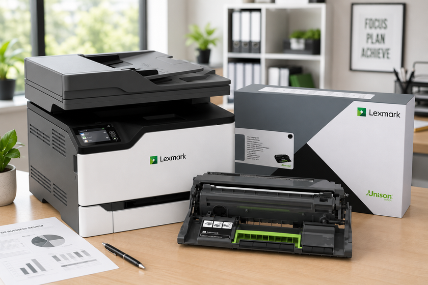 Lexmark toner cartridge beside a laser printer in a bright modern office workspace for consistent document printing.