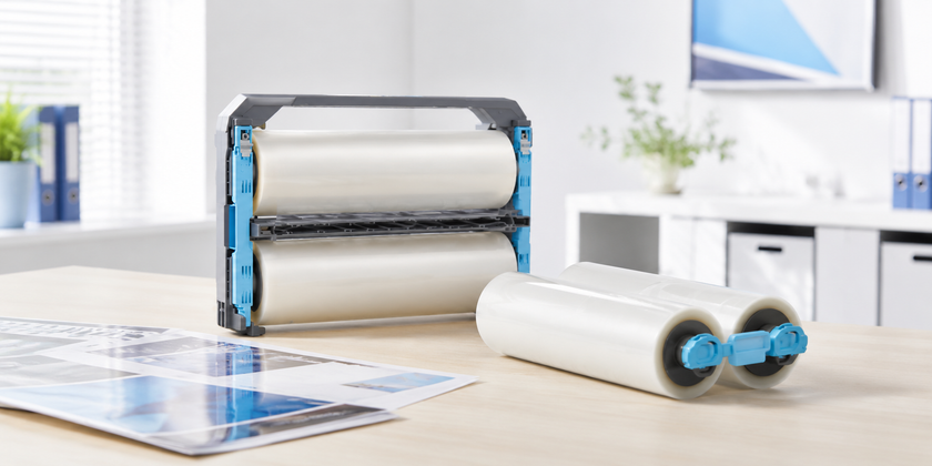 Laminating rolls arranged on a light airy office desk, styled in a clean workspace setting for continuous document finishing.