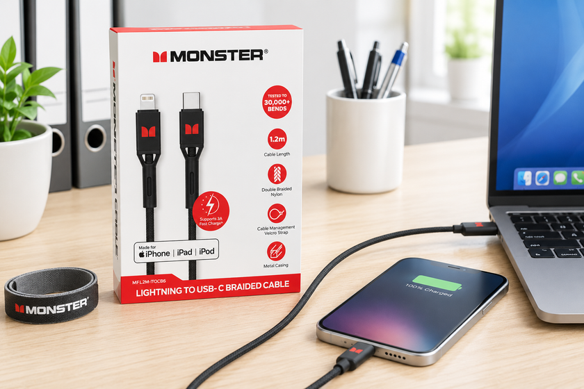 Lightning to USB C braided cable arranged on a bright office desk with product packaging, smartphone, laptop and charging accessories.