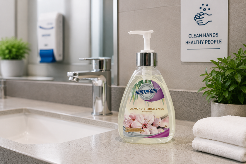 Liquid hand soap on a clean workplace washroom vanity with basin, towels, plant and hygiene signage for shared spaces.