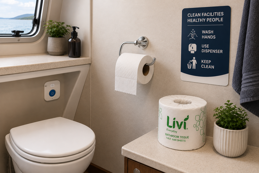 Livi 1 ply toilet paper in a compact boat or caravan bathroom with a standard toilet roll holder, small toilet area, plant and hygiene signage.