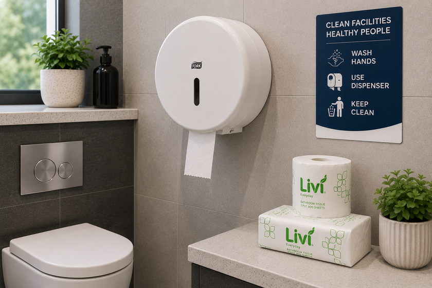 Livi 2 ply toilet paper arranged in a clean workplace washroom with a wall dispenser, toilet area, plant and hygiene signage.