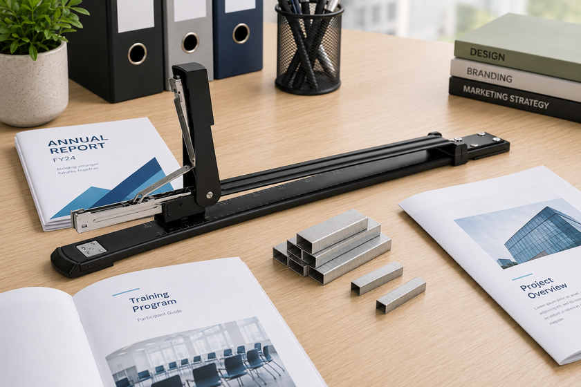 Long arm stapler on a clean office desk with reports, booklet pages and staple strips for centre stapling and document assembly.