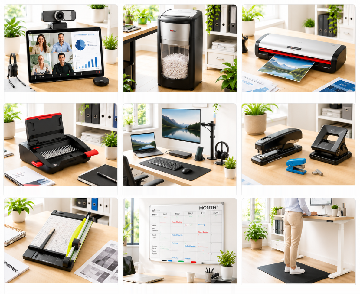 Machines and Technology Solutions collection layout showing nine bright category tiles for conferencing, shredders, laminators, binding, technology, staplers, trimming, boards and floor mats.
