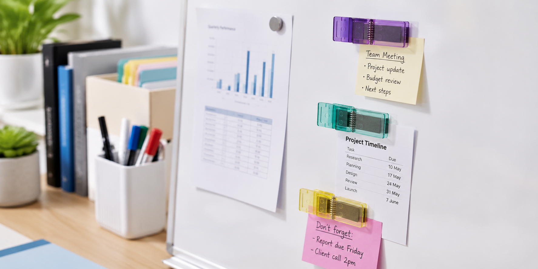 Colourful magnetic clips holding notes and documents on a bright office whiteboard.