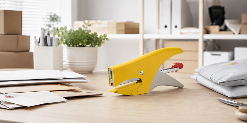 Plier stapler on a tidy mailroom packing desk with envelopes, parcels and paperwork for flexible fastening tasks.
