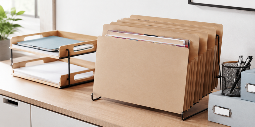 Manilla folders organised in a filing rack on an admin desk with document trays, storage boxes and office accessories