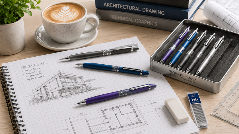Mechanical drawing pencils arranged on a bright drafting desk with graph paper, technical sketches, ruler, eraser and latte art coffee.