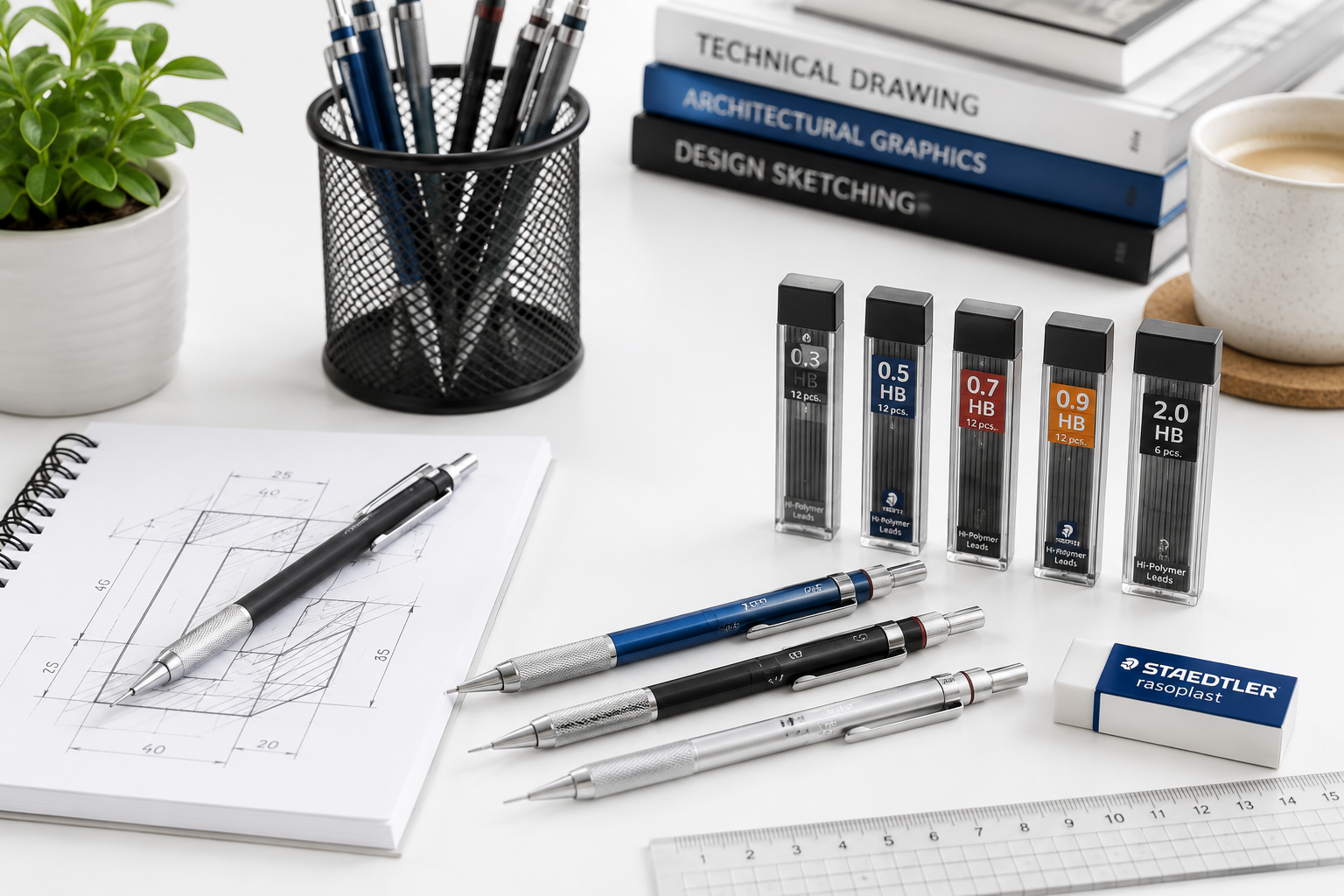 Mechanical pencils and lead refills arranged with technical drawings on a bright white workspace.
