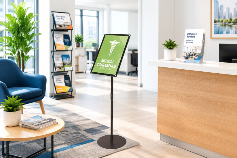 Office display stand with medical conference signage in a bright modern reception area with brochure holders and visitor seating.