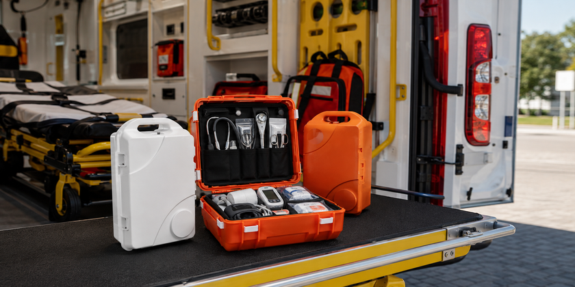 Compact watertight medical cases organised with first-aid supplies and diagnostic equipment beside an ambulance.
