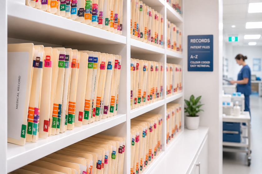 Lateral file labels on medical record folders arranged across bright clinical shelving for organised patient file retrieval.