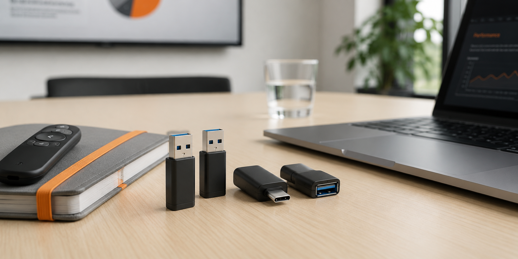 USB and USB-C audio video adapters arranged on a conference table beside a laptop and presentation accessories.