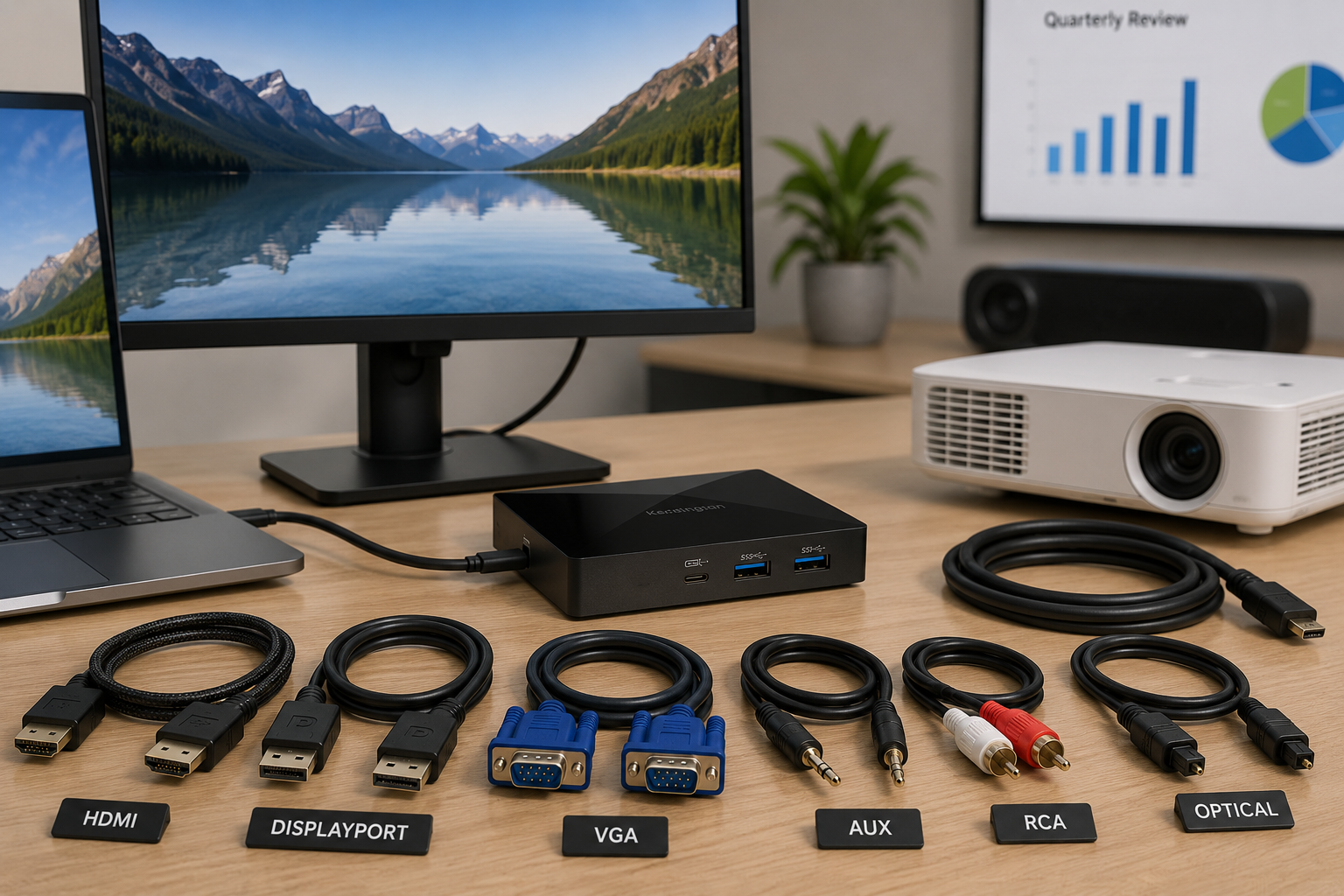 Audio and video cables arranged in a modern meeting room setup with laptop, monitor, projector, speaker and connection hub nearby.