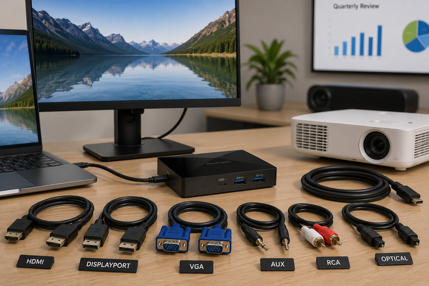 Audio and video cables arranged in a modern meeting room setup with laptop, monitor, projector, speaker and connection hub nearby.