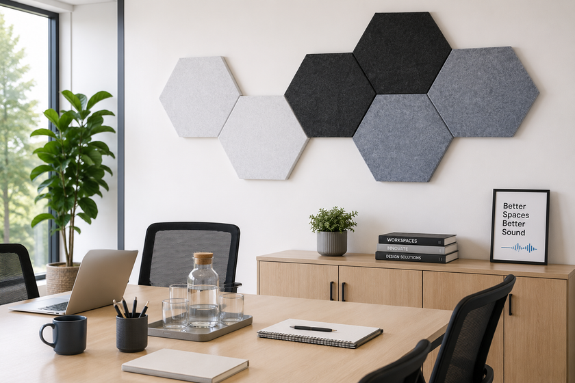 Hexagon acoustic panels mounted on a bright meeting room wall with a conference table, office chairs, plants and workspace accessories.