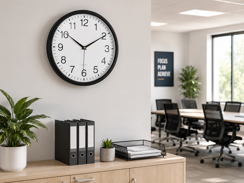 Black framed office wall clock mounted near a modern meeting room with organised files, plants and clear workplace timekeeping.