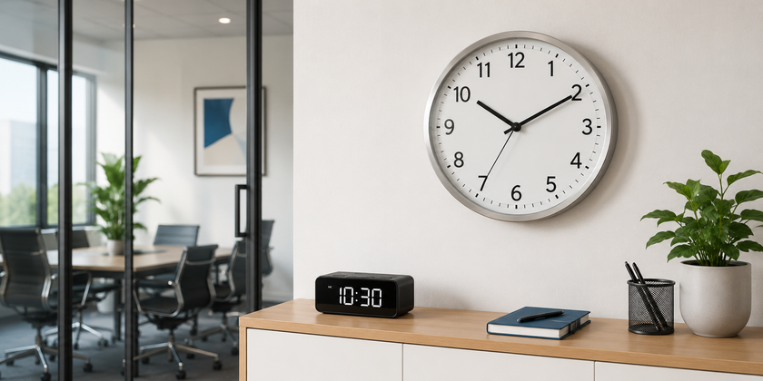 Office wall clock and digital desk clock displayed in a clean meeting room and admin workspace.