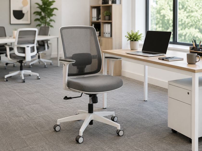 Mesh office chair in a bright modern office workspace with desk, laptop and meeting seating in the background.