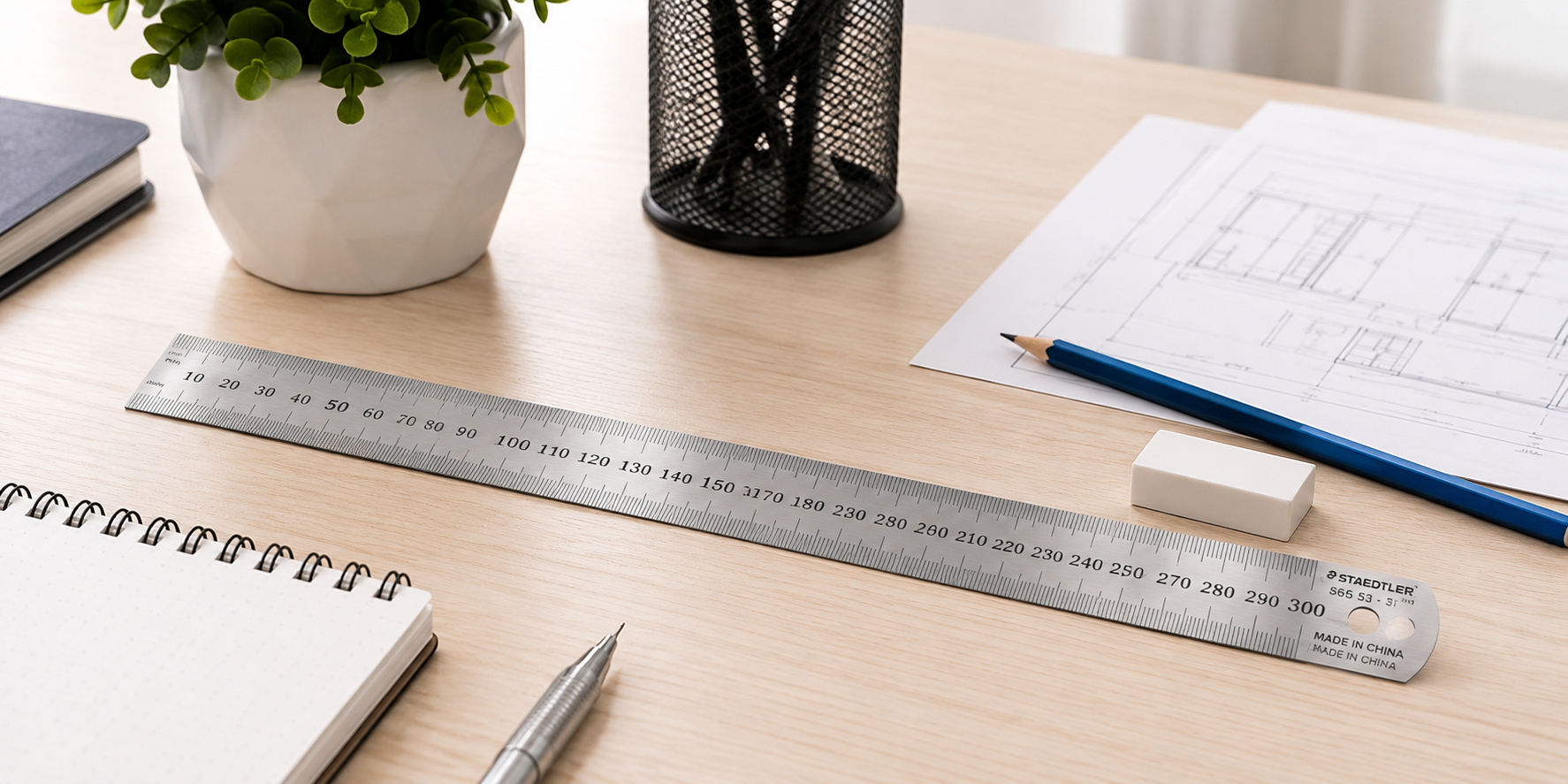 Stainless steel ruler arranged with technical drawings, pencils and stationery on a bright light timber desk.