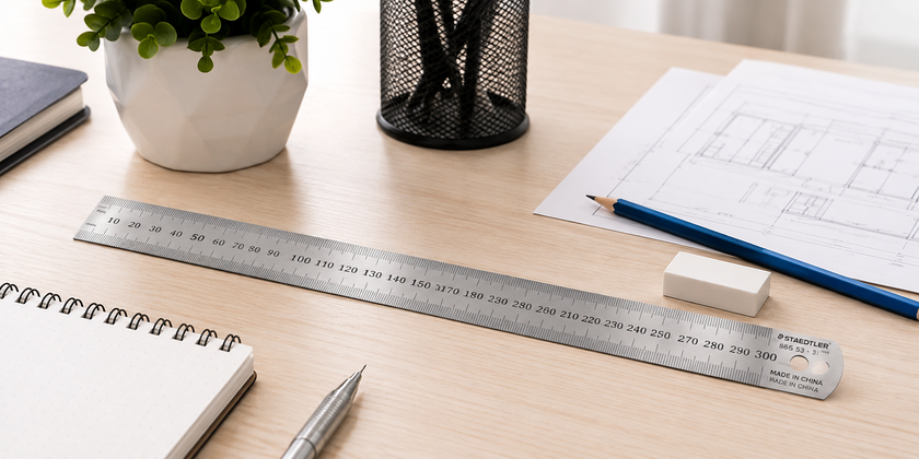 Stainless steel ruler arranged with technical drawings, pencils and stationery on a bright light timber desk.