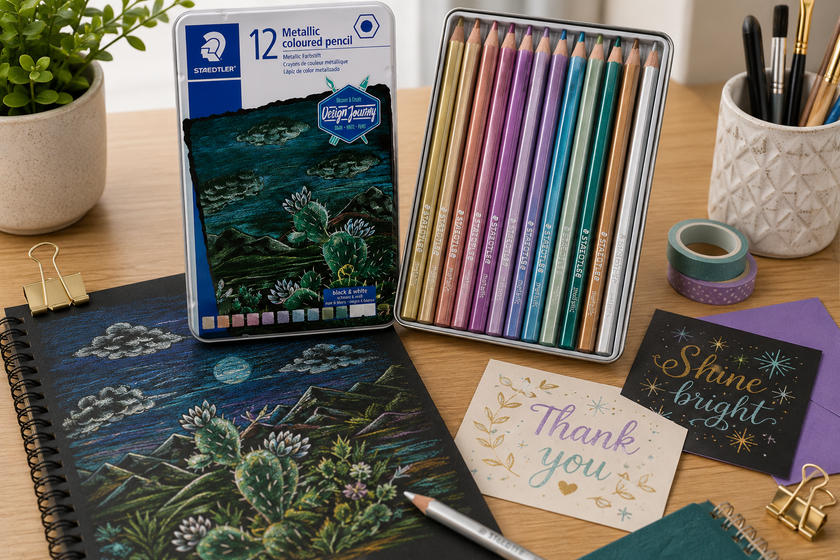 Metallic pencils arranged on a creative art desk with a pencil tin, dark paper artwork and decorative cards for shimmering drawing and craft detail.