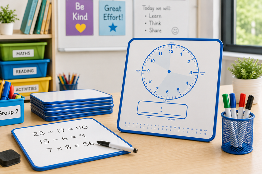 Mini whiteboards displayed on a bright classroom desk with dry erase markers, clock practice board, maths exercises and learning supplies.