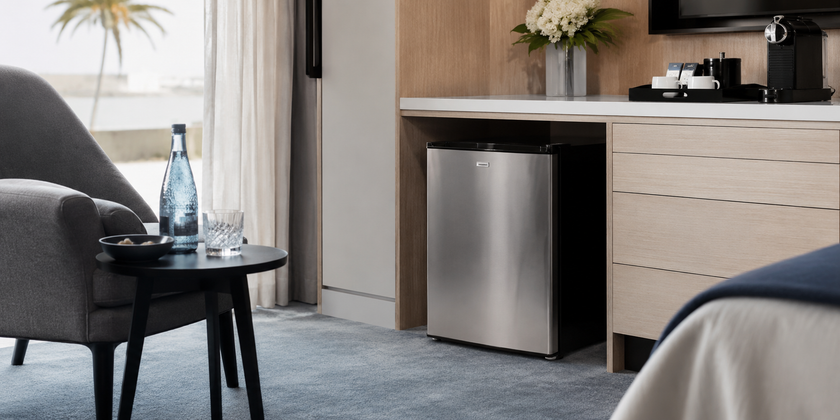 Compact stainless steel minibar fridge in a modern hotel room or executive lounge with refreshments and coffee station