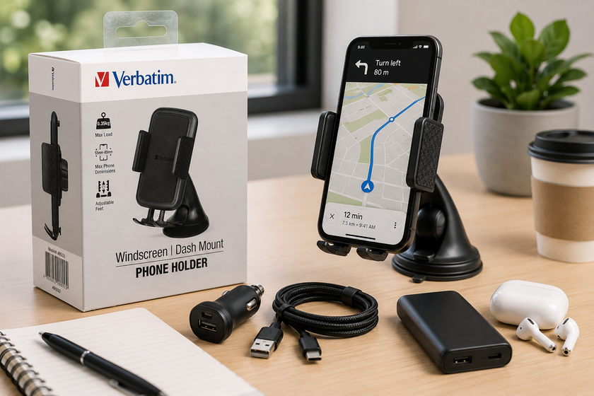 Mobile phone holder arranged on a bright desk with smartphone navigation display, product packaging, charging cable, power bank and mobile accessories.