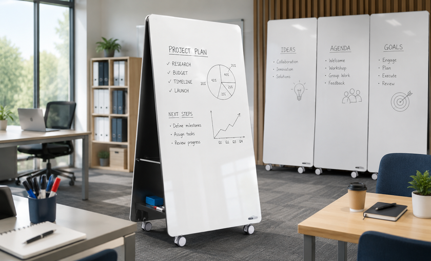 Mobile whiteboards in a bright modern planning room with project notes, charts and meeting ideas for flexible collaboration.