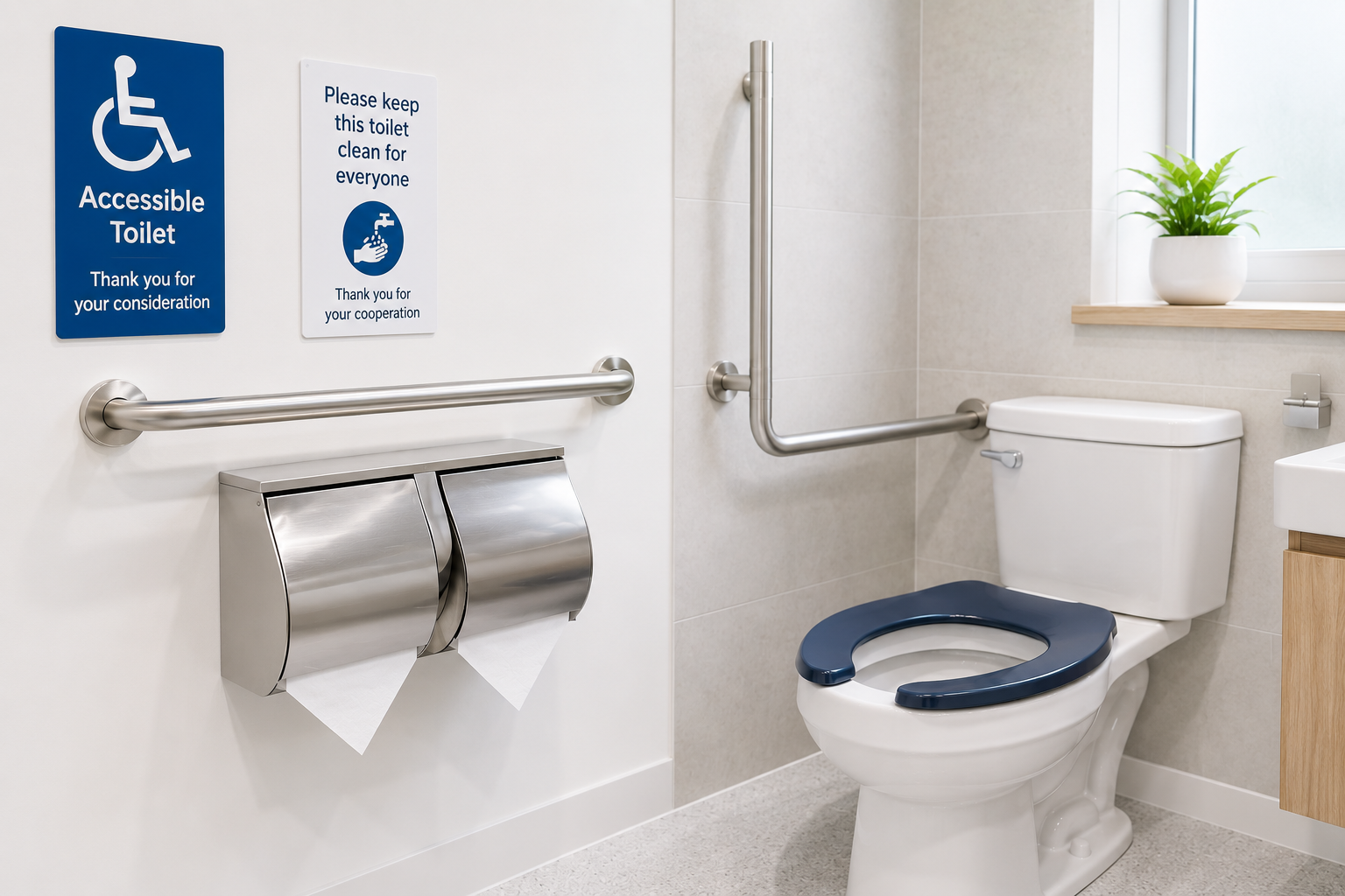 Stainless steel twin toilet roll dispenser mounted in a bright modern accessible toilet area with grab rails for commercial washroom supply.