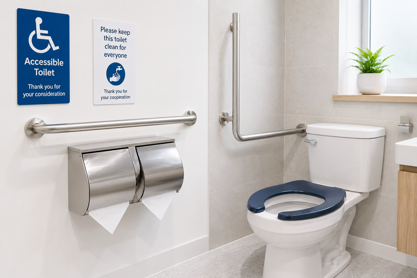 Stainless steel twin toilet roll dispenser mounted in a bright modern accessible toilet area with grab rails for commercial washroom supply.