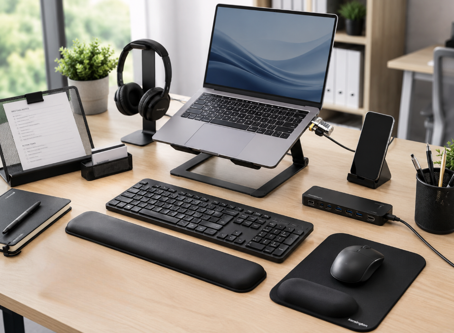 Office computer accessories arranged on a bright modern workstation with laptop lock, keyboard, mouse, wrist rests, hub and document holder.